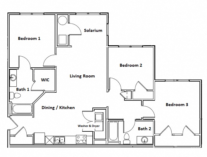 Floor plan for 3 beds, 2 baths, 1176 sqft